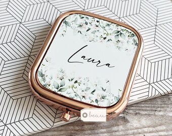Personalised Friend gift .. Floral Square Rose Gold Compact Pocket Mirror Keepsake Mum sister auntie niece female relative Birthday gift
