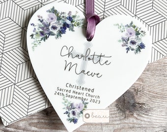 Personalised Christening Baptism Gift Godchild Godson Goddaughter Baby Boy Girl Floral Acrylic Heart Hanging Ornament Keepsake