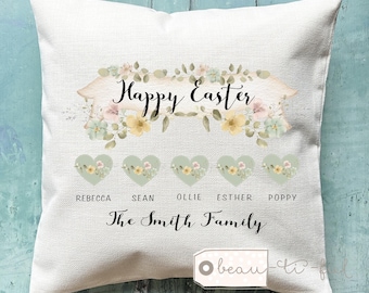 Personalised Easter Family Names Home Hearts Floral Greenery Design Home Linen Style Cushion cover