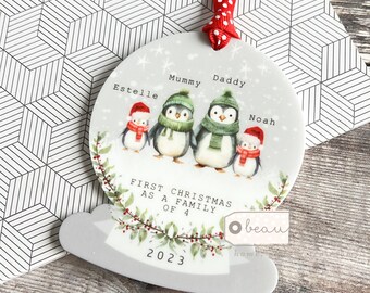 Personalised 1st Christmas gift First Christmas as a family of 4 Four Penguin Acrylic Snowglobe shape Ornament Keepsake Boy gift child gift