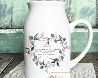 Personalised Friend gift Chance made us colleagues Floral Ceramic Small jug vase mug Friendship Bud vase