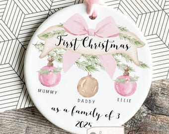 Personalised 1st First Christmas as family of 3 4 5 Bauble Mummy Daddy Mammy Mommy New parents Baby Greenery Ornament Keepsake pink