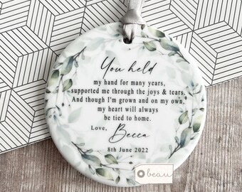 Personalised Mother of Bride Thank you You held my hand Quote greenery wreath Ceramic or Acrylic Round Decoration Ornament Wedding Keepsake