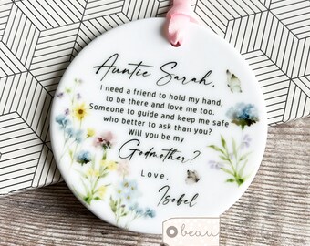 Personalised Will you be my Godmother Gift Godfather Godparents Proposal Christening Baptism Wildflower Ceramic or Acrylic Round Keepsake