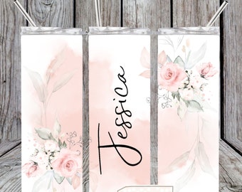 Personalised Floral stainless steel drink skinny tumbler with straw Pink floral Travel Mug hot and cold drink flask Friend gift Gift for her