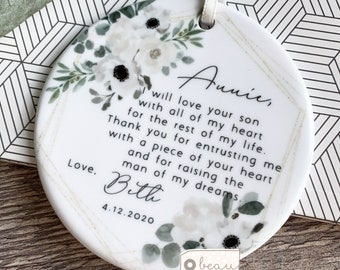 Personalised Mother of Groom Bride Thank you gift Bride Groom wedding Quote White floral Greenery Ceramic Ornament Wedding Keepsake