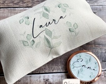 Personalised Name Foliage Greenery Design Linen style Fabric Make up Bag Birthday gift for her mum sister friend