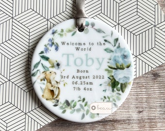 Personalised New Arrival Welcome to the world New Baby Boy Girl Newborn Pink Grey Blue Design Ceramic or Acrylic Round Ornament Keepsake