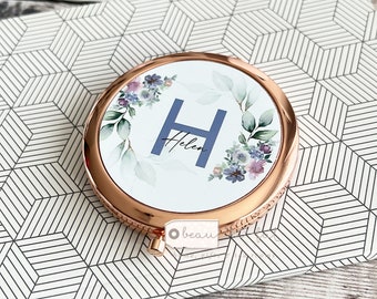 Personalised Name and initial Mauve Blush Floral Greenery Round Rose Gold Silver Compact Pocket Mirror Keepsake Bridesmaid Gift