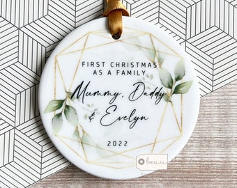 Personalised First Christmas as a family gift Mummy Daddy Mammy Mommy New Baby Botanical Greenery Ceramic or acrylic Round Ornament Keepsake