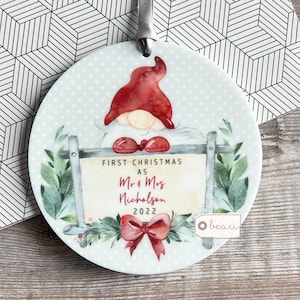 Personalised 1st First Christmas Married Wedding gift as Mr Mrs Newlywed Santa Gnome Greenery Design Acrylic Round Ornament Keepsake