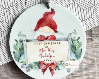Personalised 1st First Christmas Married Wedding gift as Mr Mrs Newlywed Santa Gnome Greenery Design Acrylic Round Ornament Keepsake