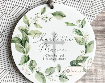 Personalised Christening Baptism gift Baby Boy Girl Greenery Wreath Design Ceramic or Acrylic Round Ornament Keepsake