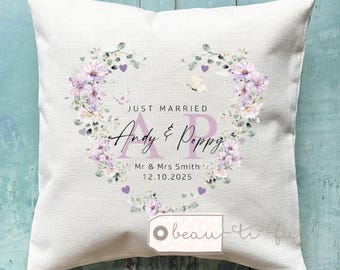 Personalised Wedding gift  Married Mr Mrs Gift Home Lilac Floral Greenery Design Home Quote Linen Style Cushion cover Newlywed Marriage