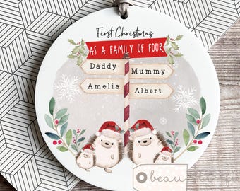 Personalised 1st First Christmas as a family of four 3 4 5 6 Family Christmas gift Hedgehog Mummy Daddy Bauble Ornament Keepsake Tree