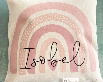 Personalised Rainbow gift Child gift Name Pastel Rainbow Design Home Quote Boho Linen Style Cushion cover