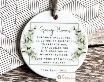 Personalised Promise to Godchild Christening Baptism Baby Boy Girl Modern Greenery Design Ceramic Round Ornament Keepsake