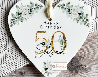 Personalised Milestone Birthday Any age 16 18 21 30 40 50 60 70 80 90 Gift Greenery Heart Acrylic Ornament Gift for her Friendship Keepsake