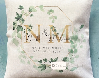 Personalised Names Married Mr Mrs Home Quote Ivy Greenery Design Home Quote Linen Style Cushion cover