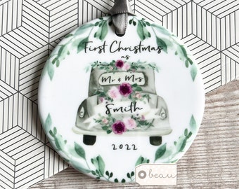 Personalised First Christmas Mr & Mrs Wedding Pink Mauve Greenery Wreath Vintage car Ceramic or acrylic Round Decoration Ornament Keepsake