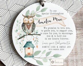Personalised Promise to Godchild Christening Baptism Gift Baby Godson Grandson Boy Girl Owl Woodland Ceramic or acrylic Ornament Keepsake