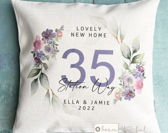 Personalised Home Sweet Home Address Quote Purple Blush Floral Design Home Quote Linen Style Cushion cover