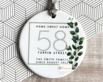 Personalised Home sweet Home Housewarming New Home Eucalyptus Wreath Greenery Ceramic or Acrylic Round Decoration Ornament Wedding Keepsake