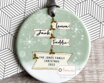 Personalised Christmas Family Names Signpost Design Nordic Style Ceramic or Acrylic Round Ornament Keepsake