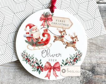 Personalised 1st First Baby Christmas Tree Santa Sleigh Christmas gift Bauble Acrylic or ceramic Round Ornament Keepsake Decoration gift