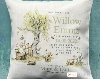 Personalised Christening Baptism Naming day God bless you Woodland Rabbit Design Quote Linen Style Cushion Baptism Godparent Godmother