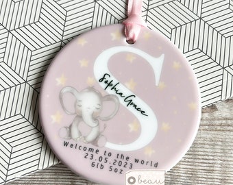 Personalised New Baby Boy Girl Welcome to the world Newborn Elephant Pink Grey Blue Design Ceramic or acrylic Round Ornament Keepsake