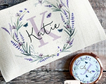 Personalised Name and initial Wildflower Lilac Lavender Floral Linen style Fabric Make up Bag Birthday gift set for her mum sister friend
