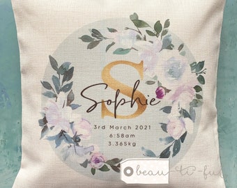 Personalised Name New Baby Birth White pink Floral Design Home Quote Linen Style Cushion cover