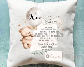 Personalised Christening Baptism Gift Promise to Godchild Godson Goddaughter Teddy bear Balloon Linen Style Cushion Godparent Godmother