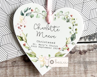 Personalised Christening Baptism Gift Godchild gift Godson Goddaughter Baby Boy Girl Floral Wreath Acrylic Heart Hanging Ornament Keepsake
