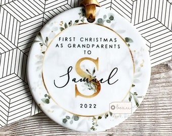 Personalised First Christmas as Grandparents Gran Grandma Nanna New Baby Botanical Greenery Ceramic or Acrylic Round Ornament Keepsake