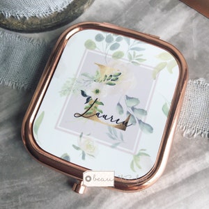 Personalised Name peach floral Rose Gold Compact Pocket Mirror Keepsake Bridesmaid gift friend gift gift for her