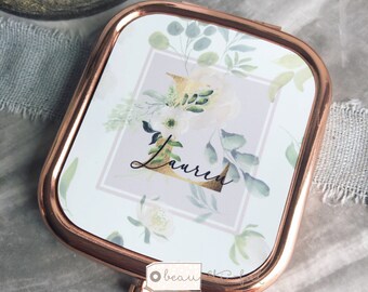 Personalised Name peach floral Rose Gold Compact Pocket Mirror Keepsake Bridesmaid gift friend gift gift for her