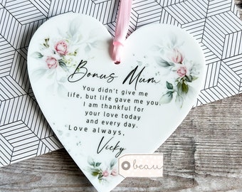 Personalised Bonus Mum Mom Stepmum stepmom Like a mum Thank you Quote Pink rose Greenery Acrylic heart Ornament Wedding Keepsake