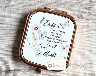 Personalised Friendship gift True friends are never far apart..  Quote Wildflower Greenery Square Rose Gold Compact Pocket Mirror Keepsake