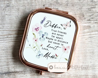 Cadeau d'amitié personnalisé Les vrais amis ne sont jamais loin l'un de l'autre. Citation Wildflower Greenery Square Rose Gold Compact Pocket Mirror Keepsake