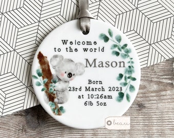 Personalised New Baby Boy Girl Newborn Koala greenery Design Ceramic or Acrylic Round Ornament Keepsake