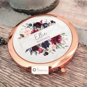 Personalised Name Burgundy Navy Floral Greenery Round Rose Gold Compact Pocket Mirror Keepsake Bridesmaid Gift