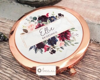 Personalised Name Burgundy Navy Floral Greenery Round Rose Gold Compact Pocket Mirror Keepsake Bridesmaid Gift