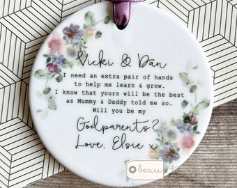 Personalised Will you be my Godmother Godfather Godparents Proposal Christening Baptism Purple bouquet Greenery Ceramic or acrylic Keepsake