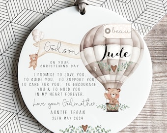 Personalised Promise to Godchild Christening Baptism Gift Baby Girl Boy Teddy Bear Balloon Ceramic or acrylic Ornament Keepsake