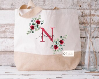 Personalised Auntie Mum Grandma Nan Nanna Nanny Name and initial wildflower Mother’s Day Birthday gift Tote Bag Jute Shopping bag