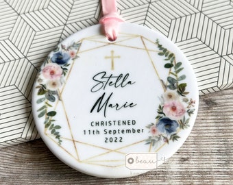 Personalised Christening Baptism Baby Boy Girl Dusky blue pink Geometric Greenery Design Ceramic Round Ornament Keepsake