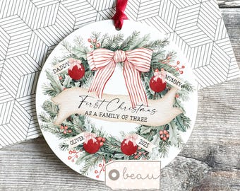 Personalised 1st First Christmas as family of 3 4 5 Bauble Mummy Daddy Mammy Mommy Baby Greenery Acrylic Or ceramic Ornament Keepsake wreath