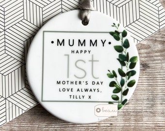 Personalised First Mother’s Day Gift Mum Mummy Mommy Nanny Nana Gran Grandma Greenery Ceramic or acrylic ornament Keepsake decoration
